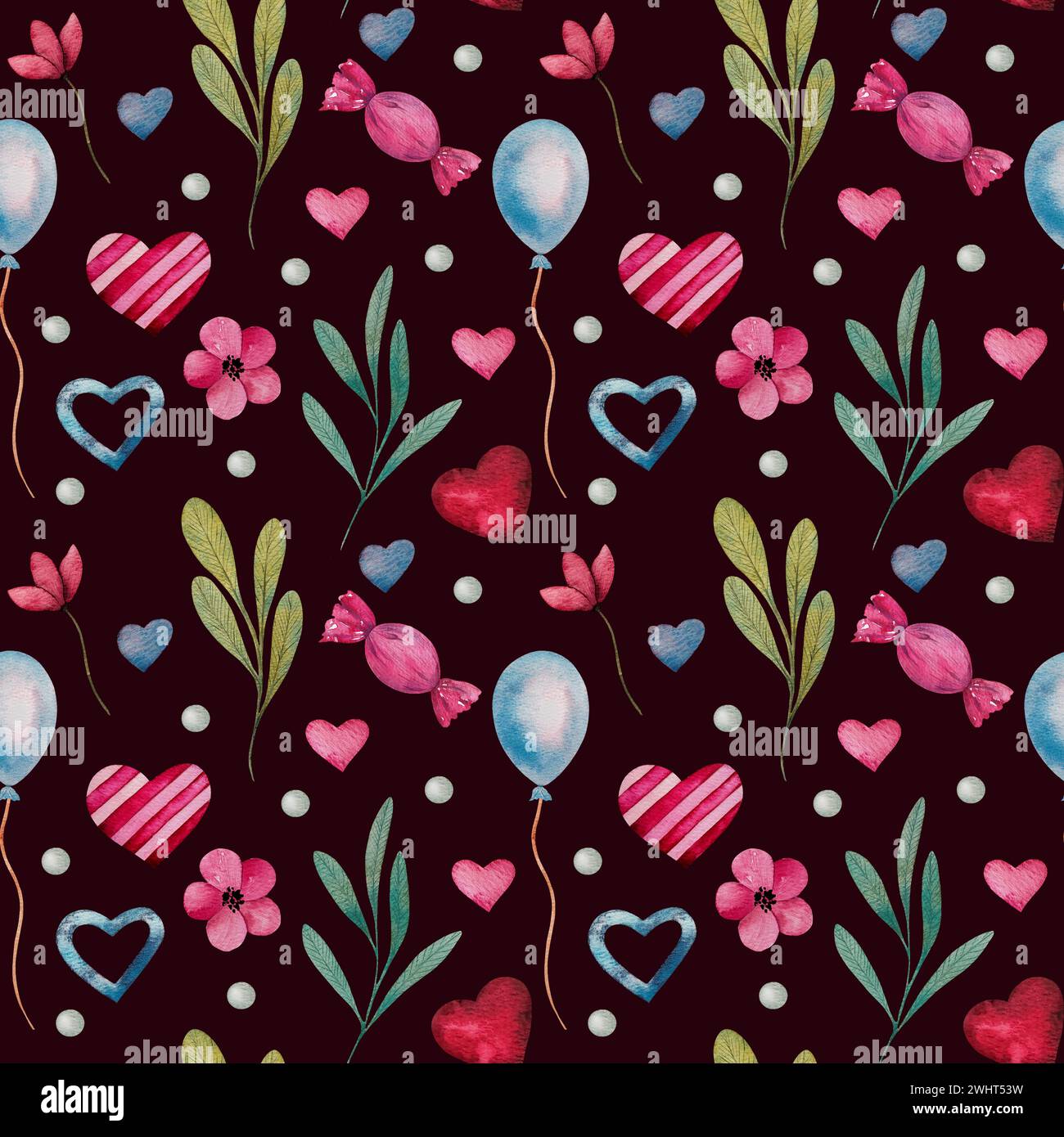 Modèle sans couture avec coeurs d'aquarelle, fleurs, ballon bleu et perle. Art romantique dessiné à la main pour la saint-valentin, cartes d'amoureux, conception de mariage. Banque D'Images