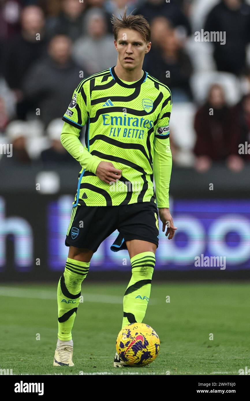 Martin Ødegaard d'Arsenal lors du match de premier League West Ham United vs Arsenal au London Stadium, Londres, Royaume-Uni, 11 février 2024 (photo de Mark Cosgrove/News images) Banque D'Images