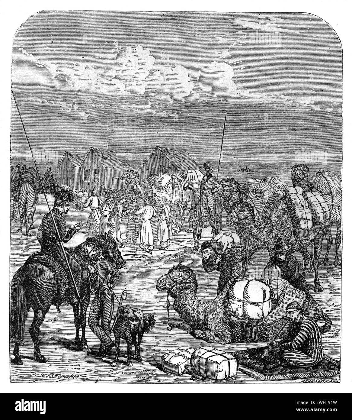 Caravane de chameaux russe et chinoise ou marché de rue au poste frontière ou ville frontière de Kyakhta, République de Bouriatie, Russie. Gravure vintage ou historique ou illustration 1863 Banque D'Images