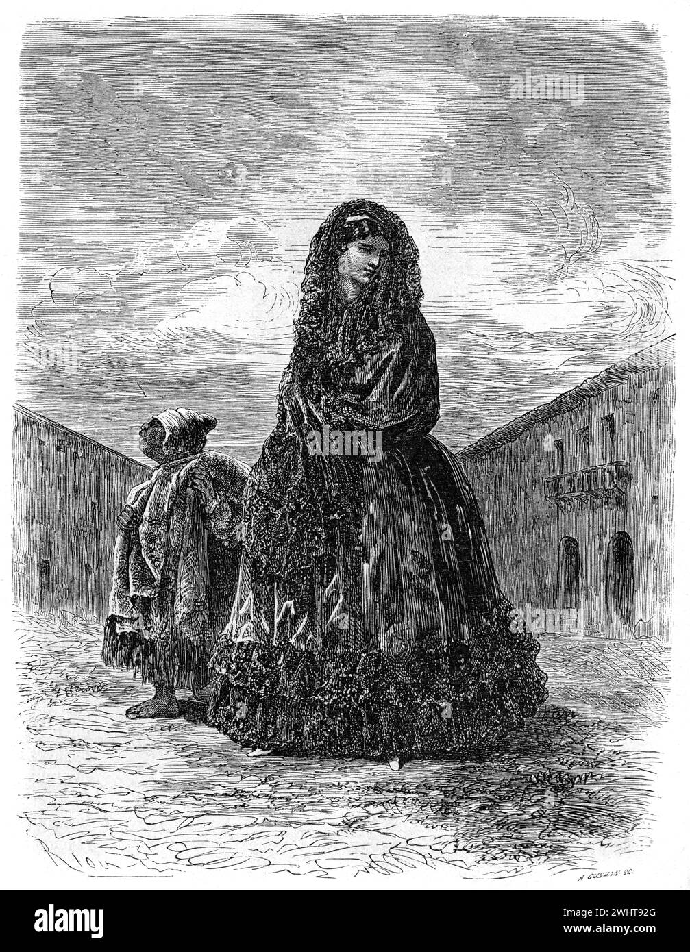 Femme bourgeoise, bien habillée, intelligente, riche ou bien à faire Dame péruvienne dans les rues de Cusco ou Cuzco Pérou. Gravure vintage ou historique ou illustration 1863 Banque D'Images