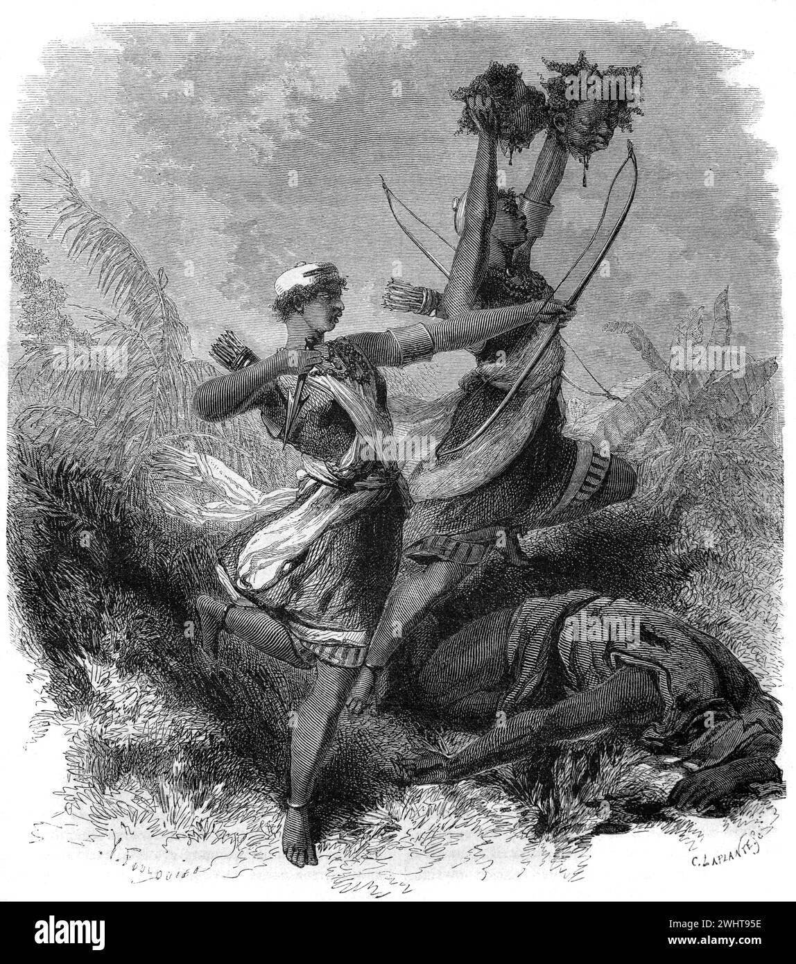 Amazon Archers ou guerriers décapitant les ennemis tribaux dans le Royaume du Dahomey, aujourd'hui République du Bénin, Afrique de l'Ouest. Gravure vintage ou historique ou illustration 1863 Banque D'Images
