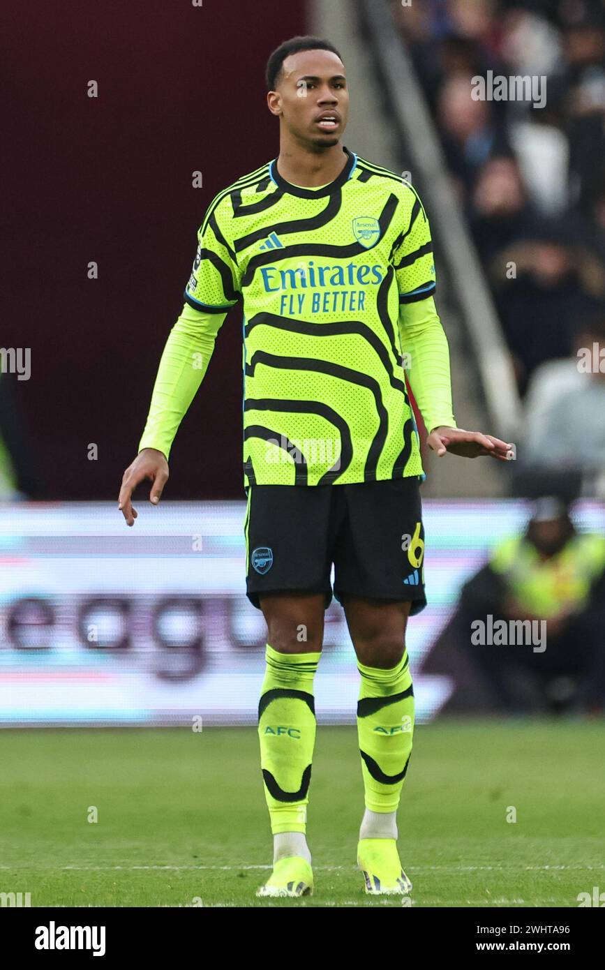 Gabriel d'Arsenal lors du match de premier League West Ham United vs Arsenal au London Stadium, Londres, Royaume-Uni. 11 février 2024. (Photo de Mark Cosgrove/News images) à Londres, Royaume-Uni le 02/11/2024. (Photo de Mark Cosgrove/News images/SIPA USA) crédit : SIPA USA/Alamy Live News Banque D'Images