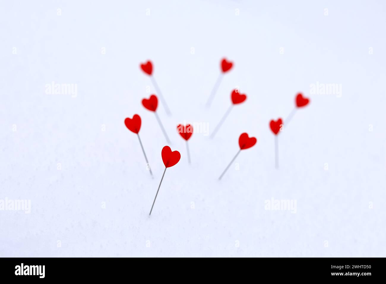 Cœurs rouges sur une épingle dans la neige. Carte de voeux, amour romantique, Saint Valentin Banque D'Images