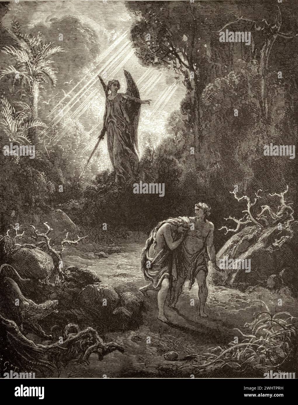 La Bible L'Espulsion du jardin - par Gustave Dorè Banque D'Images
