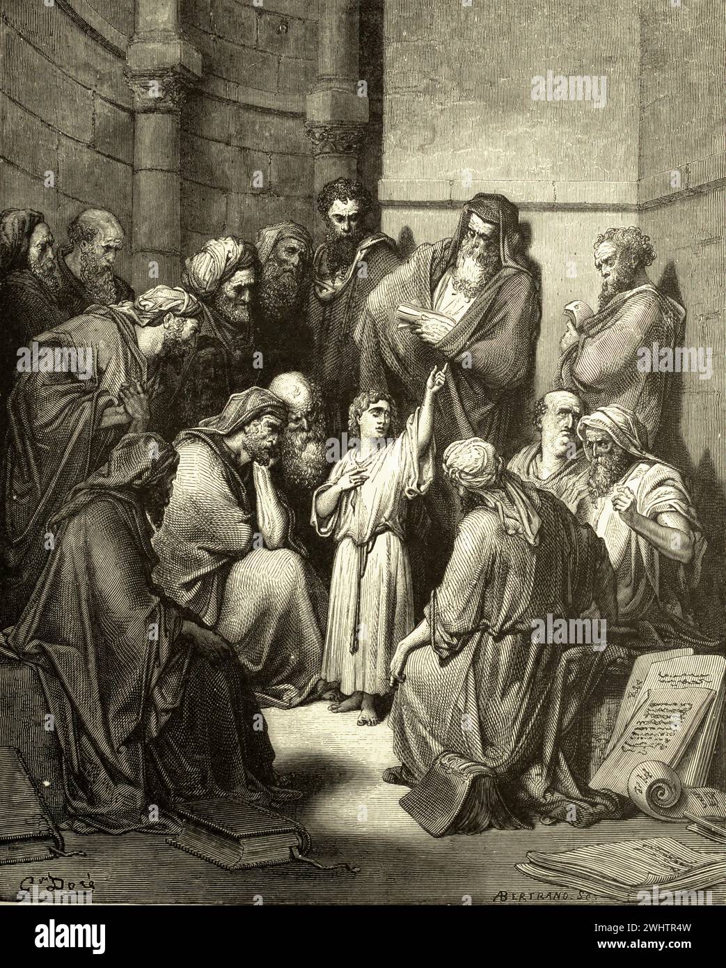 La Bible - Jésus interrogeant les médecins par Gustave Dorè Banque D'Images