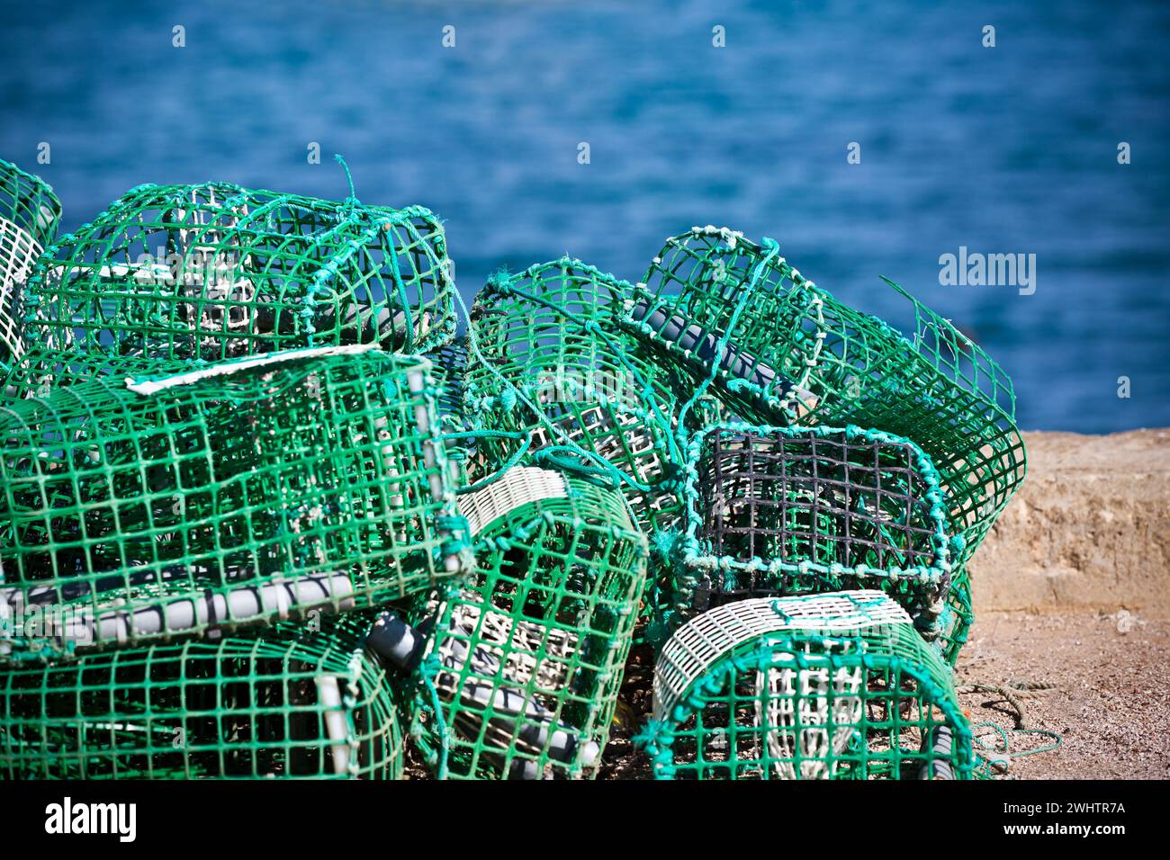 Le homard et de casiers à crabe pile dans un port Banque D'Images