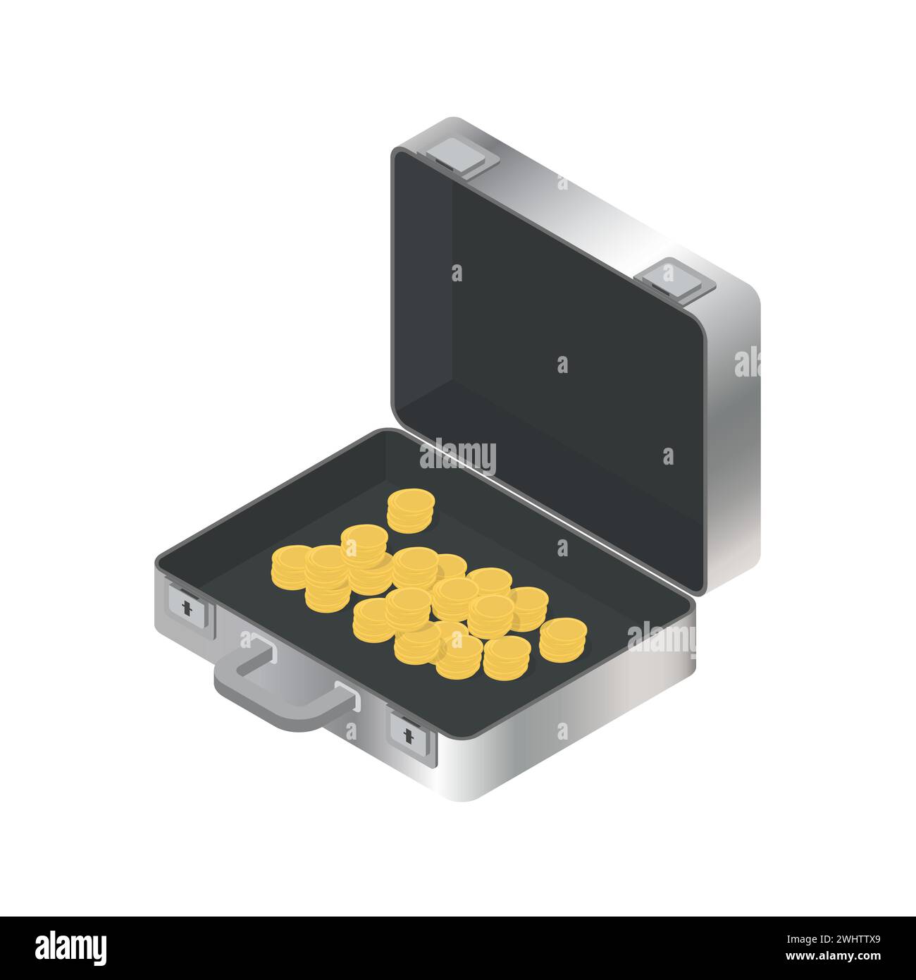 Boîtier avec des pièces d'or isolé sur un fond blanc. Style isométrique 3D, illustration vectorielle. Illustration de Vecteur