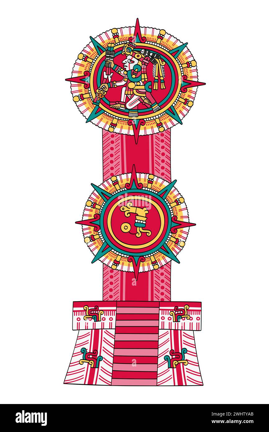 Tonatiuh, Dieu aztèque du soleil, connu sous le nom de Nahui Ollin, le Cinquième Soleil, représenté au centre d'un disque solaire. En dessous de lui un disque solaire avec son signe One Flower. Banque D'Images