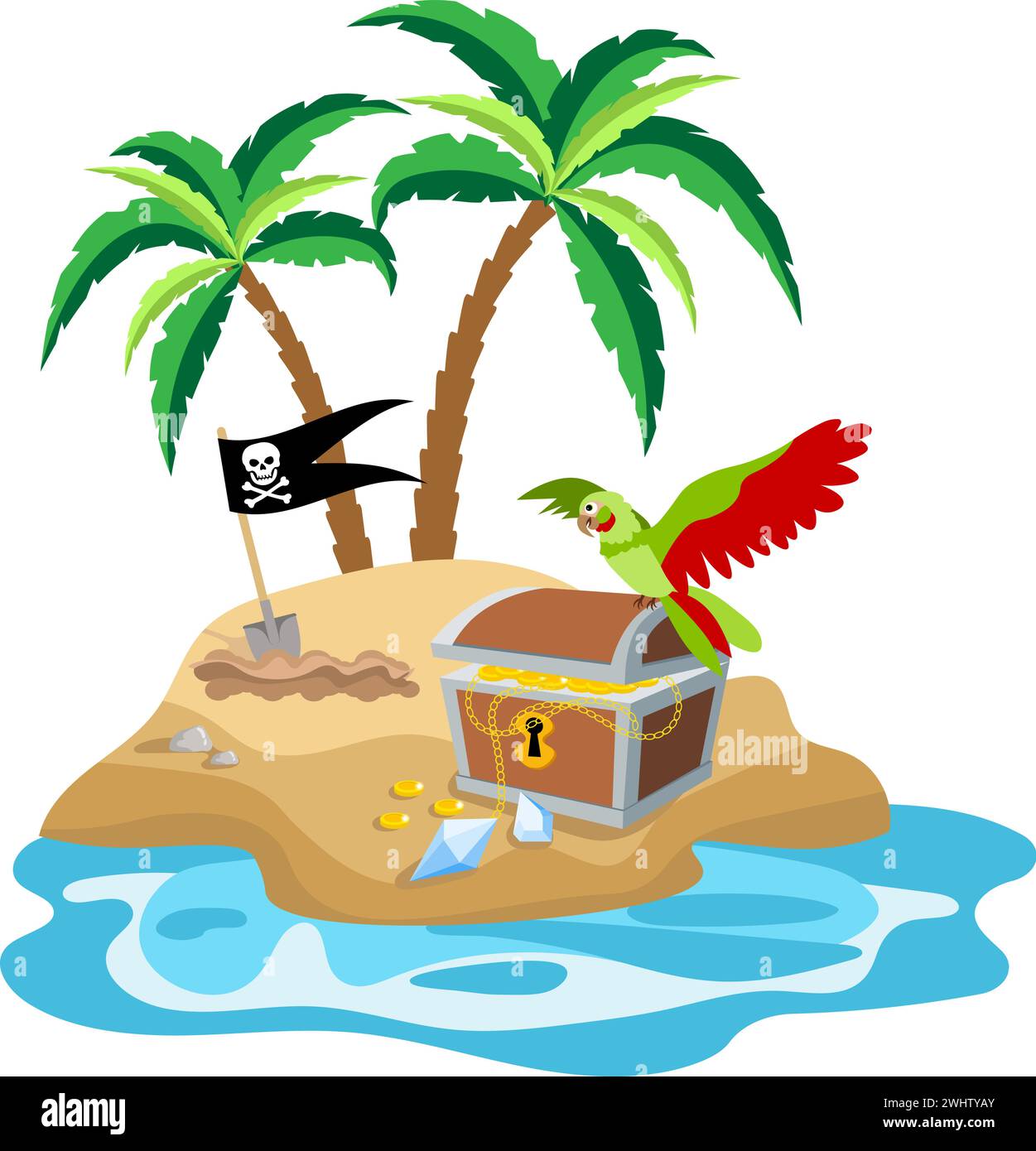 Aventure pirate. Île avec un perroquet et un coffre au trésor. Pirates fête enfants aventure. Illustration vectorielle Illustration de Vecteur