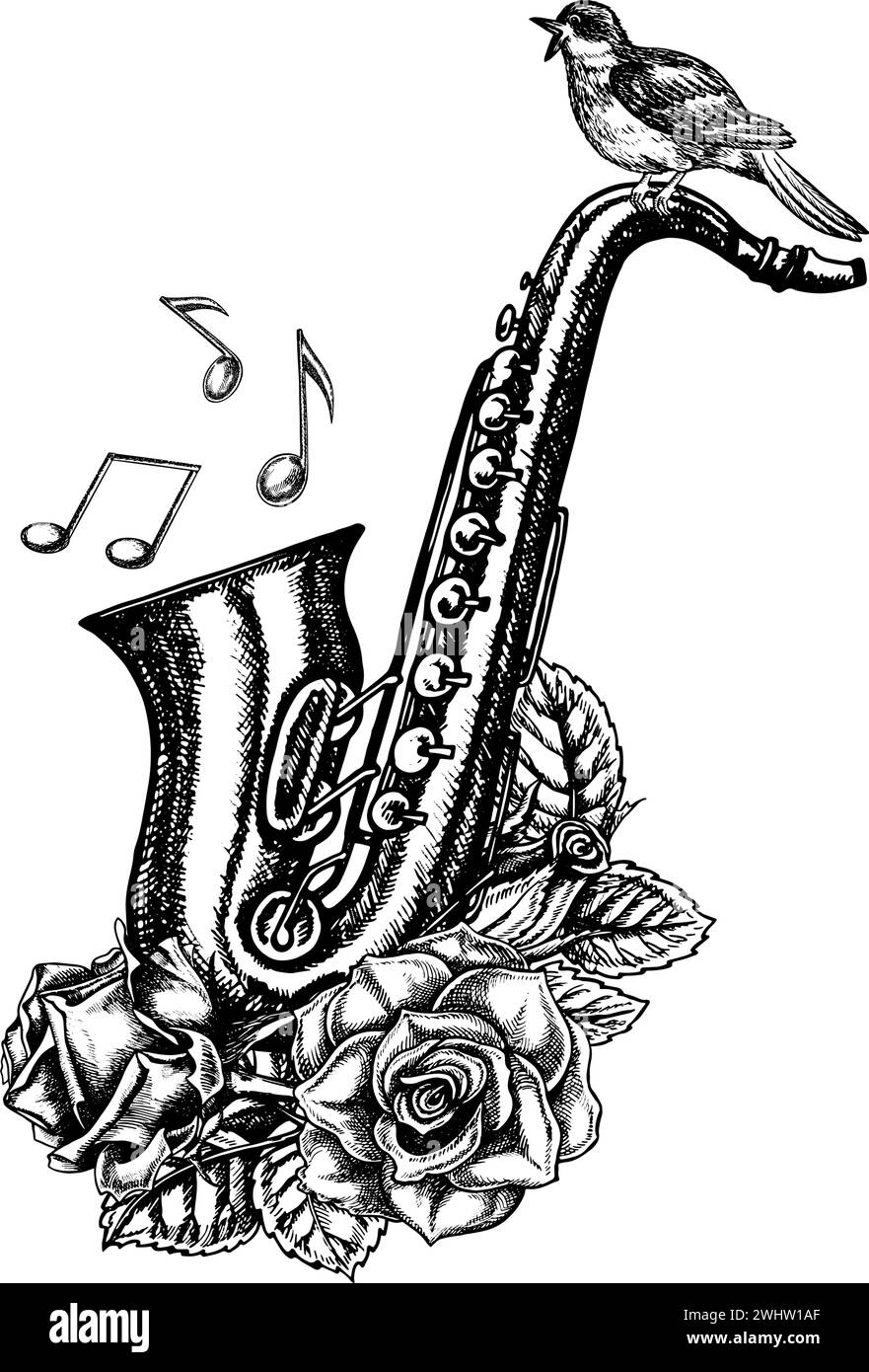 Saxophone avec notes de musique, décoré de roses et d'un Nightingale, illustration graphique vectorielle noir et blanc. Pour les affiches, les flyers et les invitations Illustration de Vecteur