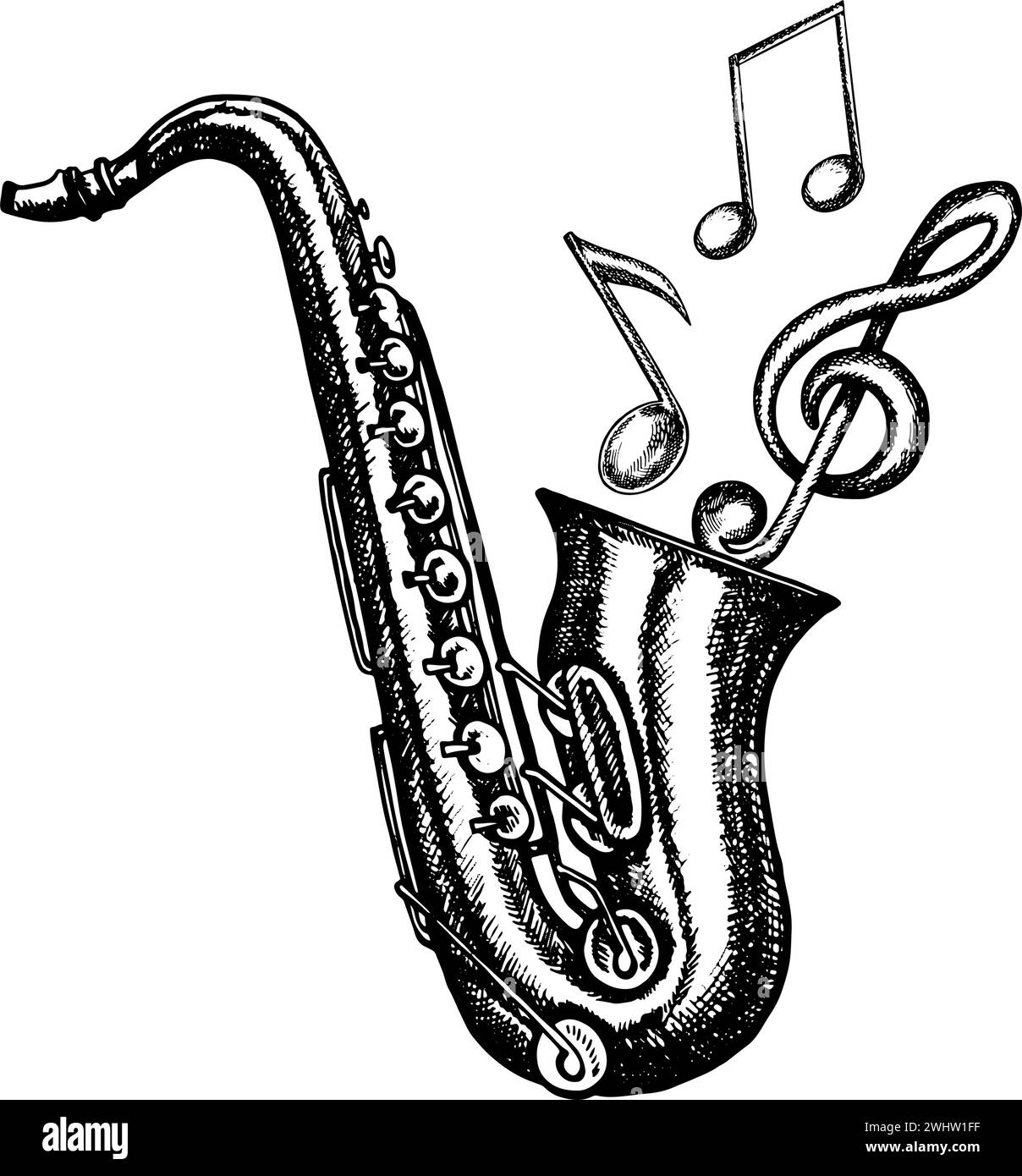 Saxophone avec notes de musique, illustration graphique en noir et blanc vectoriel. Pour affiches, flyers et cartes d'invitation. Pour bannières et cartes postales. Pour lo Illustration de Vecteur