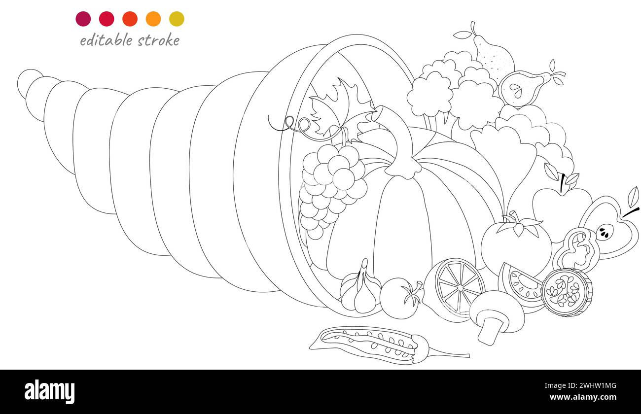 Nature morte avec cornucopia, citrouille, légumes et fruits. Collection automne. Gabarit de coloration de relaxation. Illustration vectorielle modifiable. Illustration de Vecteur
