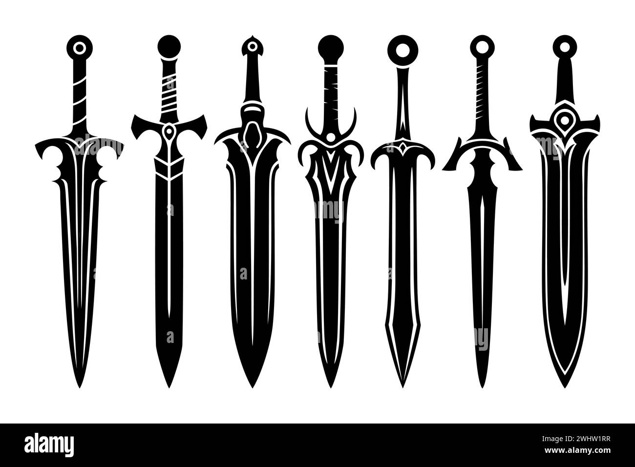 Ensemble d'icônes d'épées fantastiques. Épées médiévales et armes futuristes pour interface de jeu. Ensemble de dessins animés de longues épées en métal fantastique. Illustration vectorielle Illustration de Vecteur