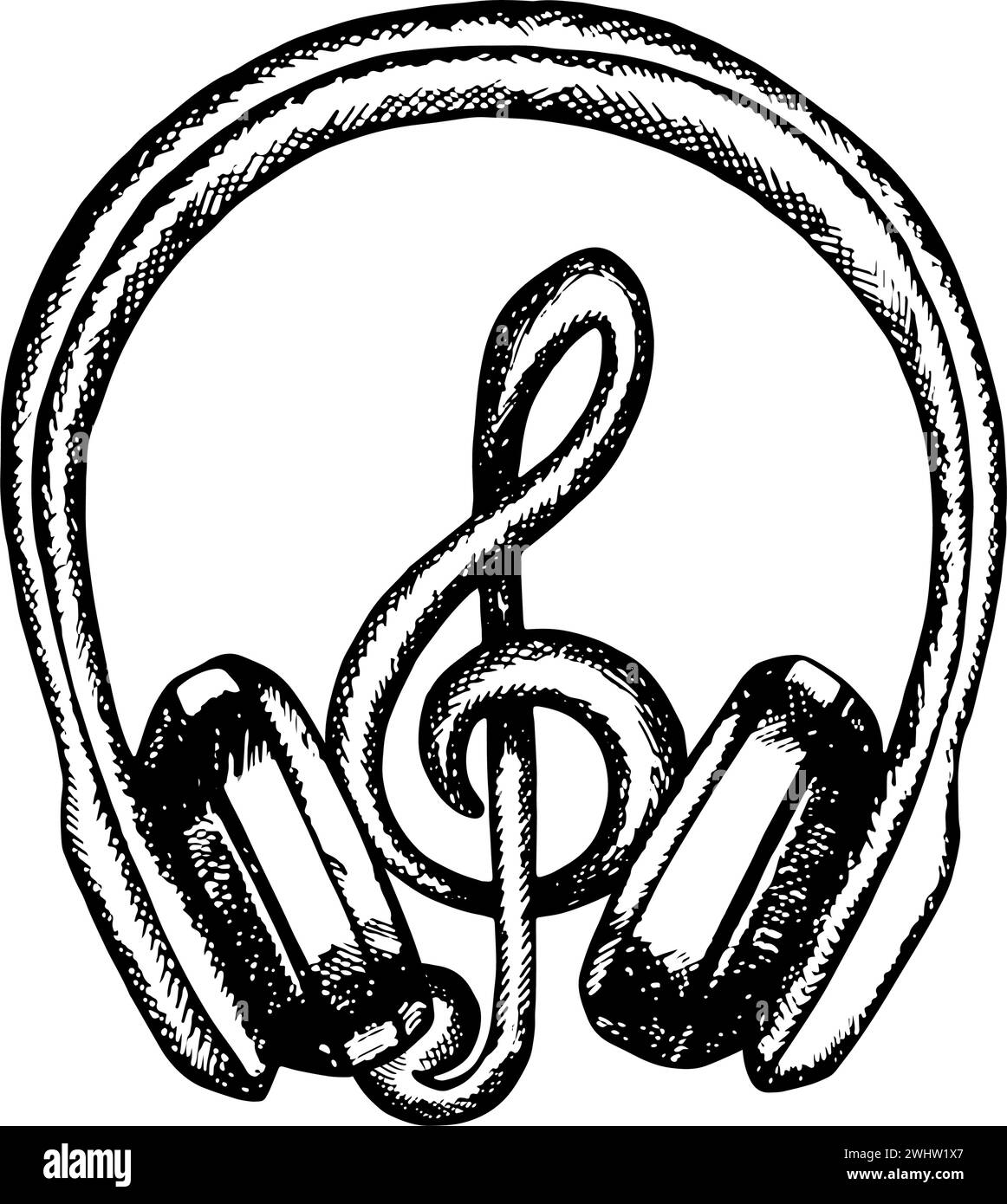 Écouteurs avec clef aigu, illustration graphique vectorielle noir et blanc. Mettez-le en surbrillance. Pour affiches, flyers et cartes d'invitation. Pour les bannières et le post Illustration de Vecteur