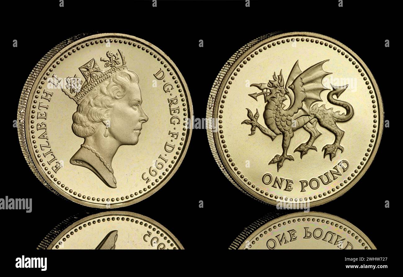 1995 preuve pièce de 1 £ mettant en vedette un passant Dragon pour représenter le pays de Galles au Royaume-Uni. Le recto montre la reine Elizabeth II Banque D'Images
