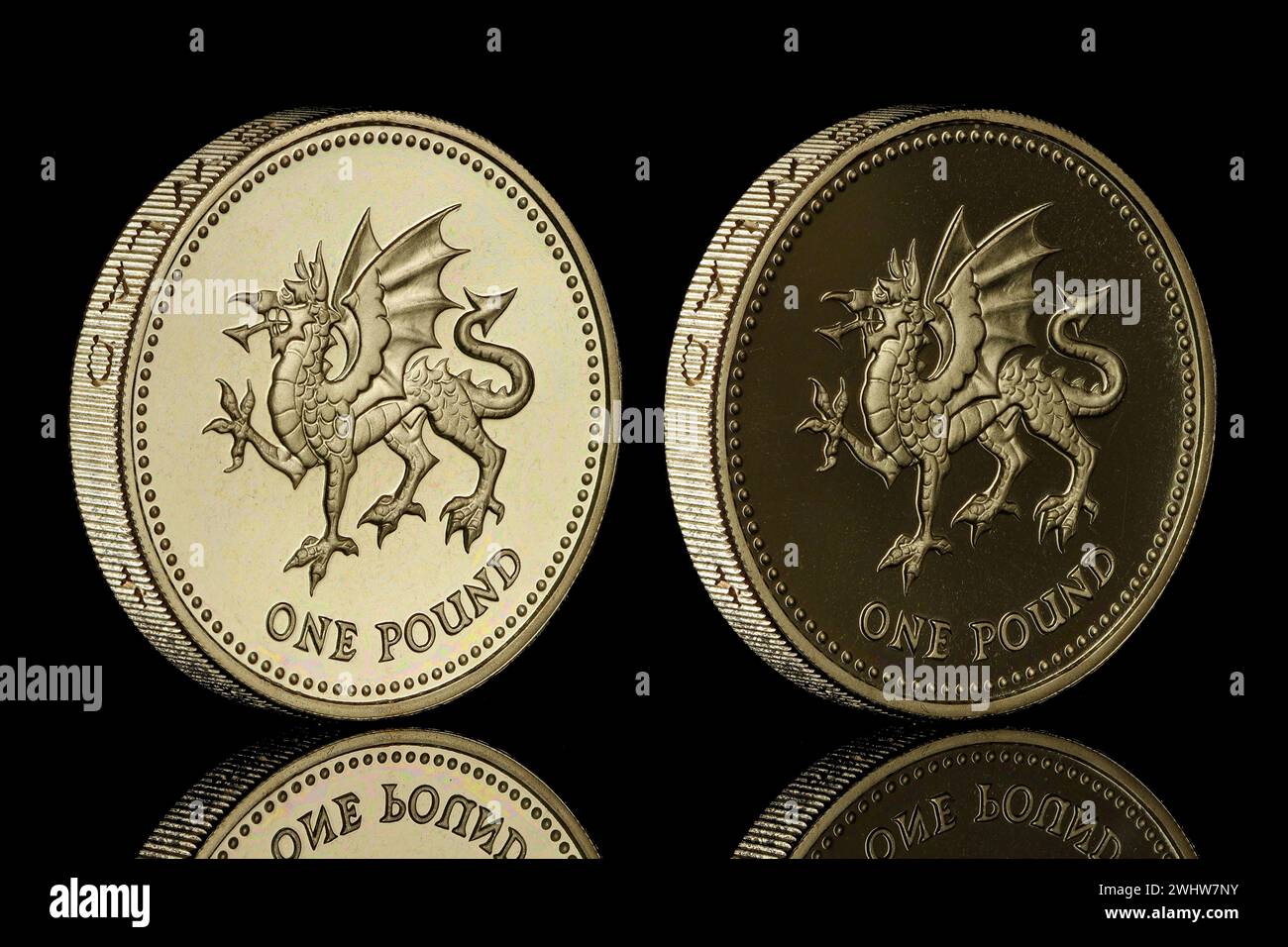 1995 preuve pièce de 1 £ mettant en vedette un passant Dragon pour représenter le pays de Galles au Royaume-Uni. Le recto montre la reine Elizabeth II Banque D'Images