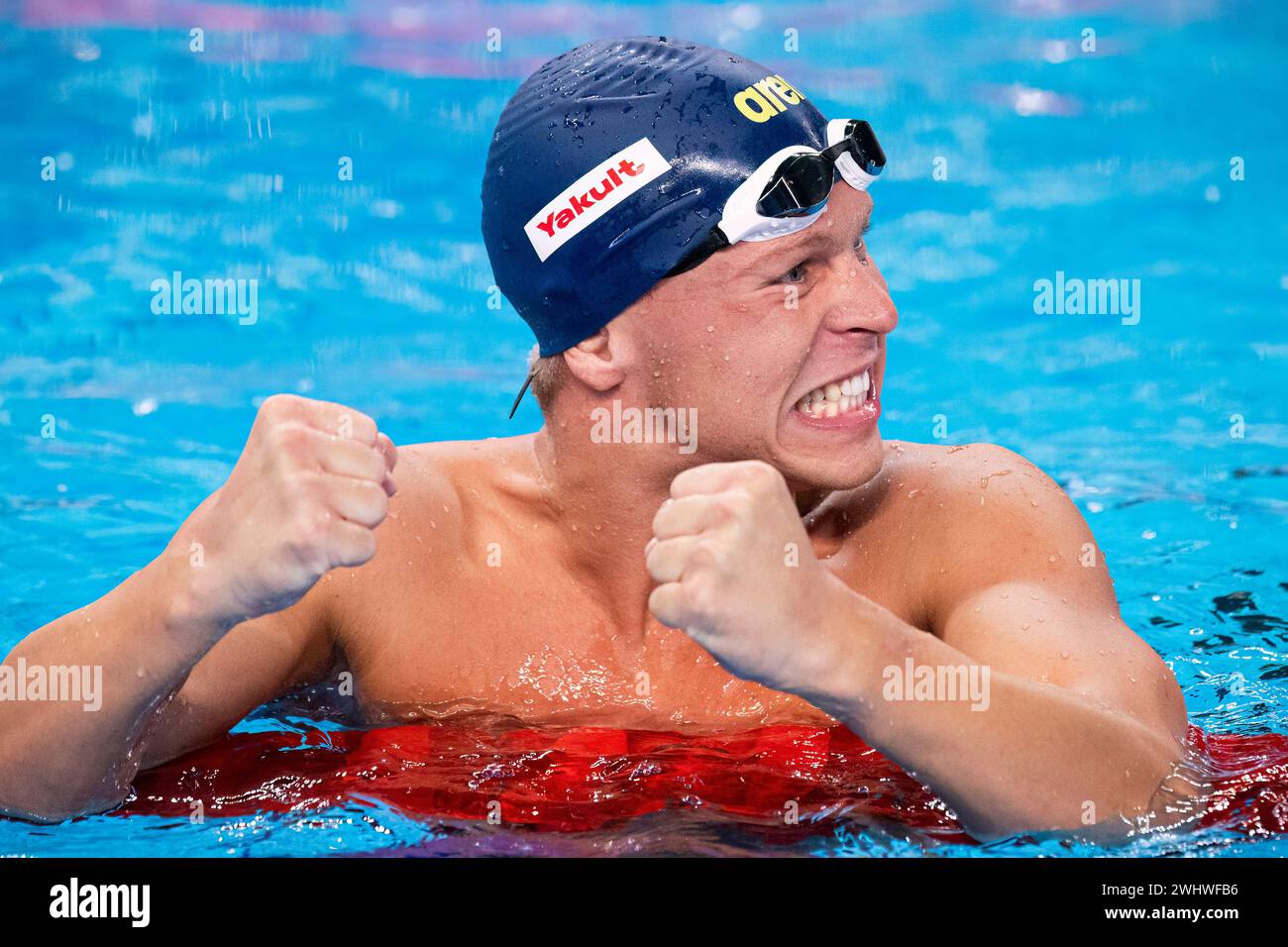 Doha, Qatar. 11 février 2024. Victor Johansson, de Suède, célèbre la finale du 400 m nage libre masculin lors des 21e Championnats du monde de natation au Dôme Aspire à Doha (Qatar), le 11 février 2024. Crédit : Insidefoto di andrea staccioli/Alamy Live News Banque D'Images