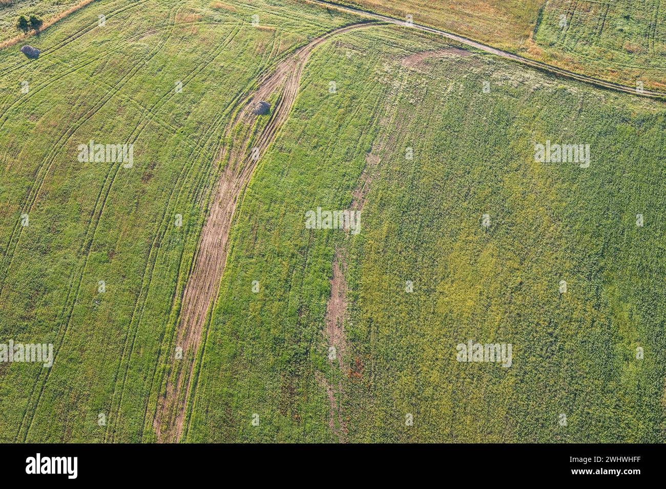 Lituanie paysage rural avec des champs verts et la route, par le haut. Banque D'Images