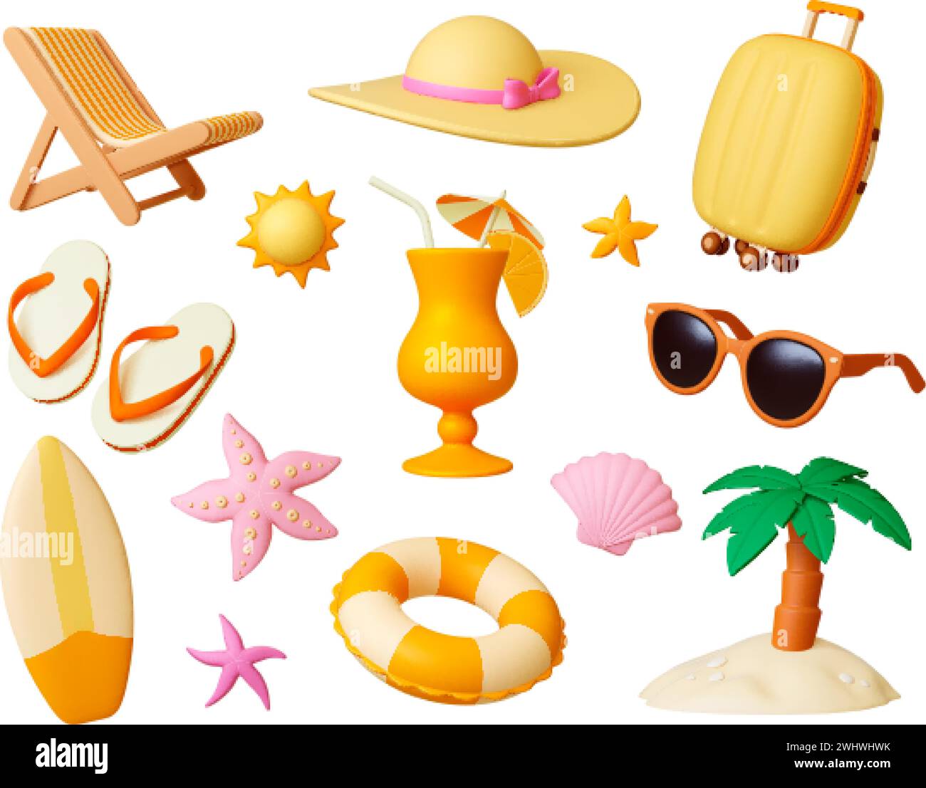 Voyage d'été 3d icônes. Rendre des éléments de plage, palmier réaliste, cocktail, lunettes de soleil, chaise longue. Valise touristique, clipart vectoriel pieux Illustration de Vecteur