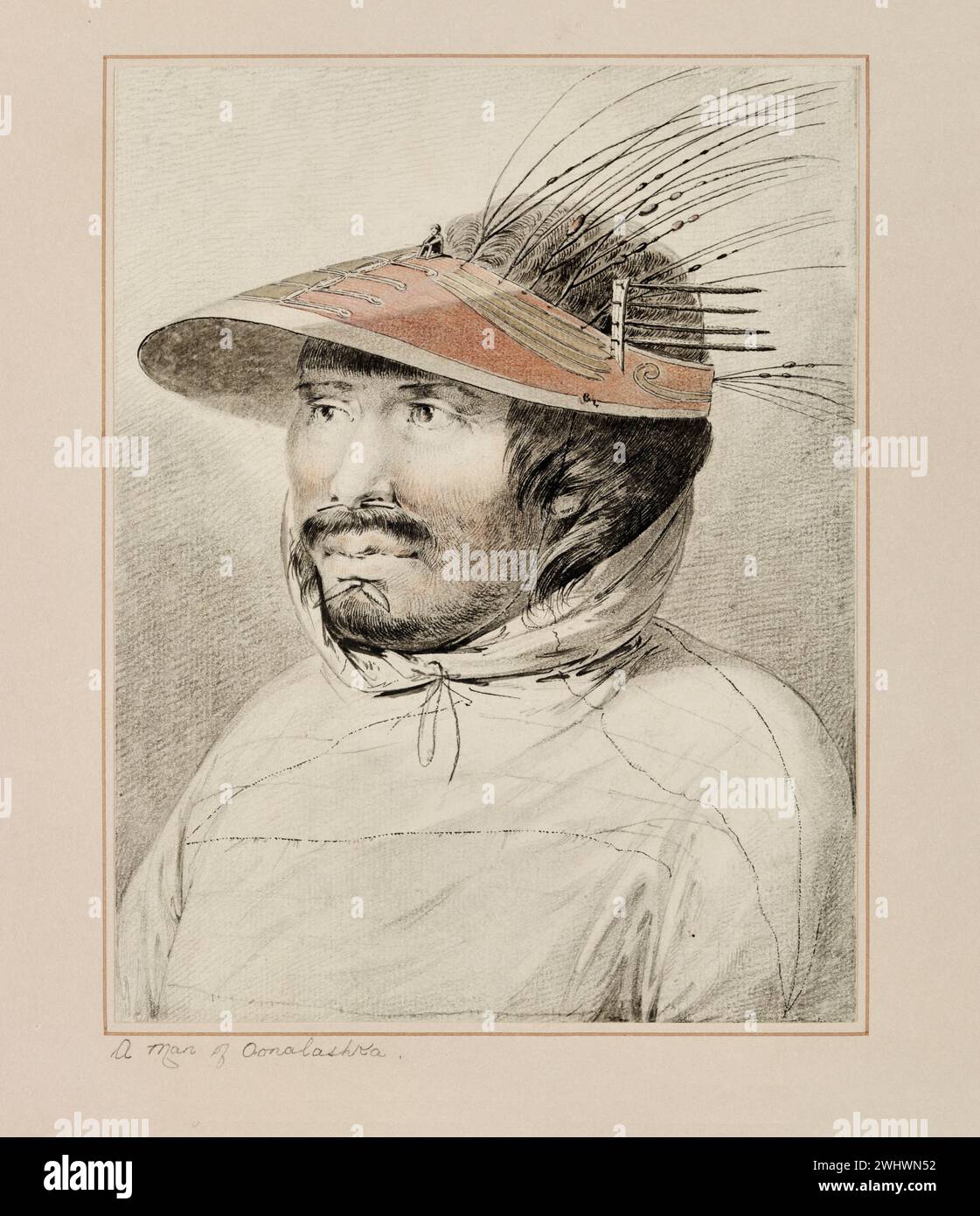 'Un homme d'Oonalashka'. Tiré de « aquarelles illustrant le dernier voyage du capitaine Cook » CA. 1773-1784 par John Webber. Webber a été nommé artiste topographique et a navigué avec Cook pour le troisième voyage Banque D'Images