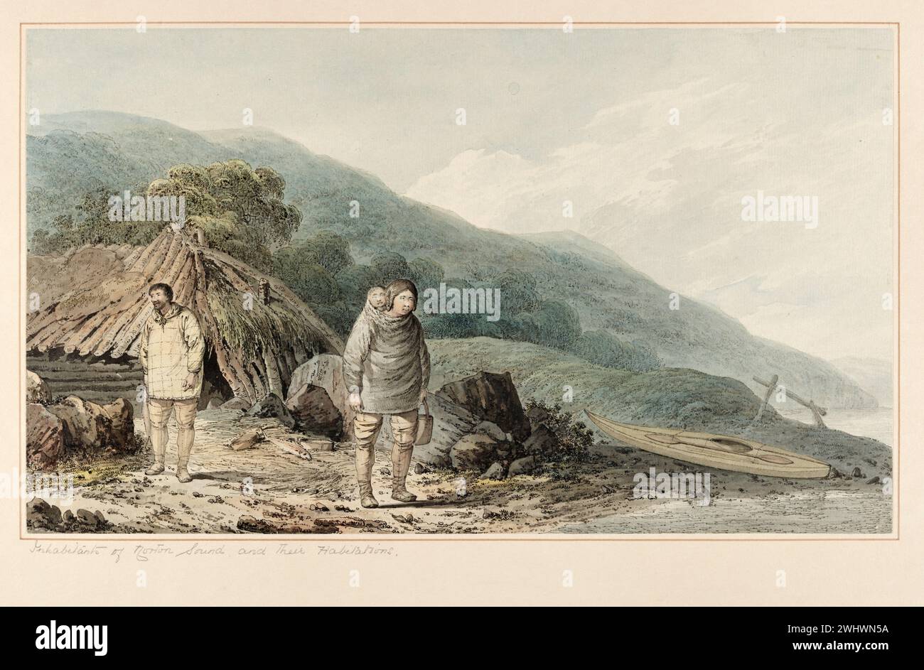 ' Habitants de Norton Sound et leurs habitations '. Tiré de « aquarelles illustrant le dernier voyage du capitaine Cook » CA. 1773-1784 par John Webber. Webber a été nommé artiste topographique et a navigué avec Cook pour le troisième voyage Banque D'Images