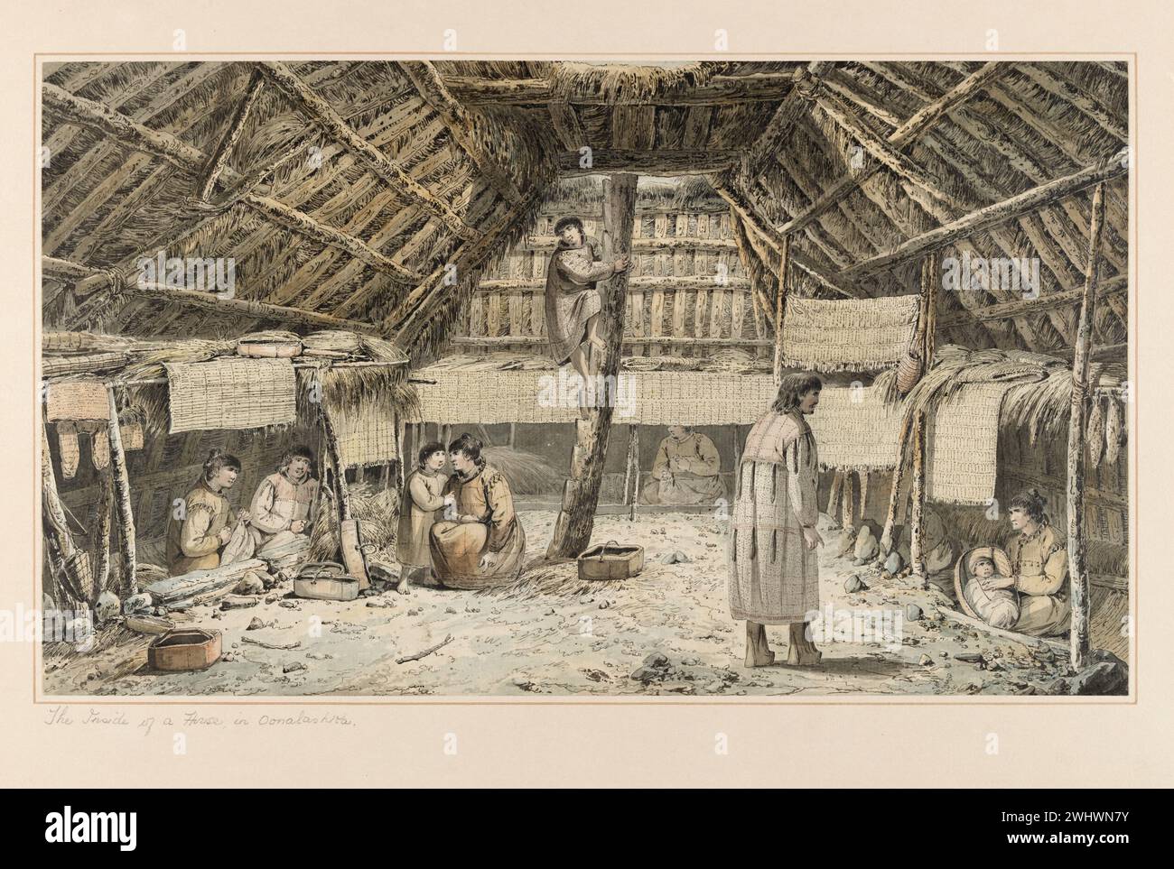 ' L'intérieur d'une maison à Oonalashka '. Tiré de « aquarelles illustrant le dernier voyage du capitaine Cook » CA. 1773-1784 par John Webber. Webber a été nommé artiste topographique et a navigué avec Cook pour le troisième voyage Banque D'Images