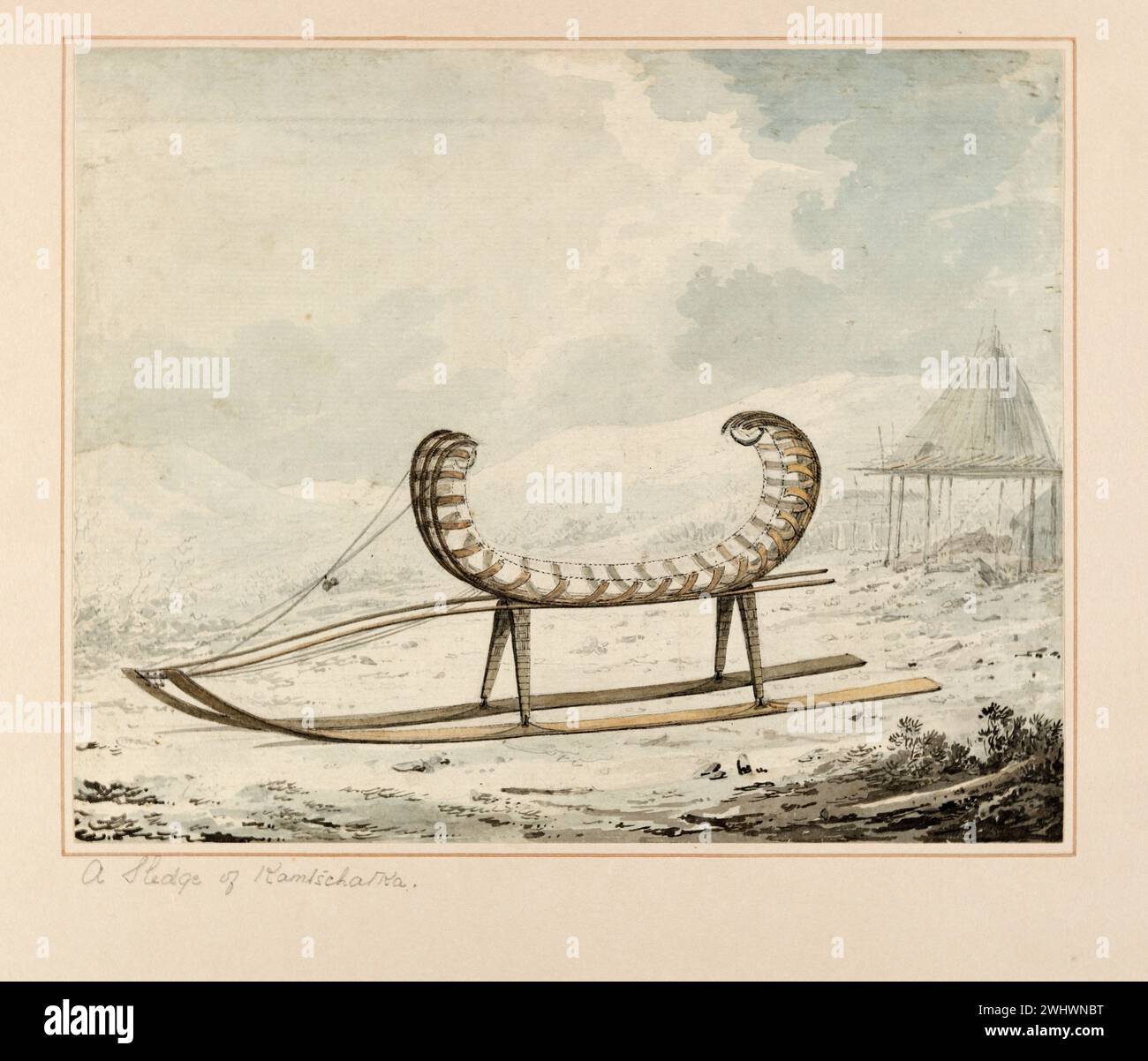 "Un luge de Kamtschatka". Tiré de « aquarelles illustrant le dernier voyage du capitaine Cook » CA. 1773-1784 par John Webber. Webber a été nommé artiste topographique et a navigué avec Cook pour le troisième voyage Banque D'Images