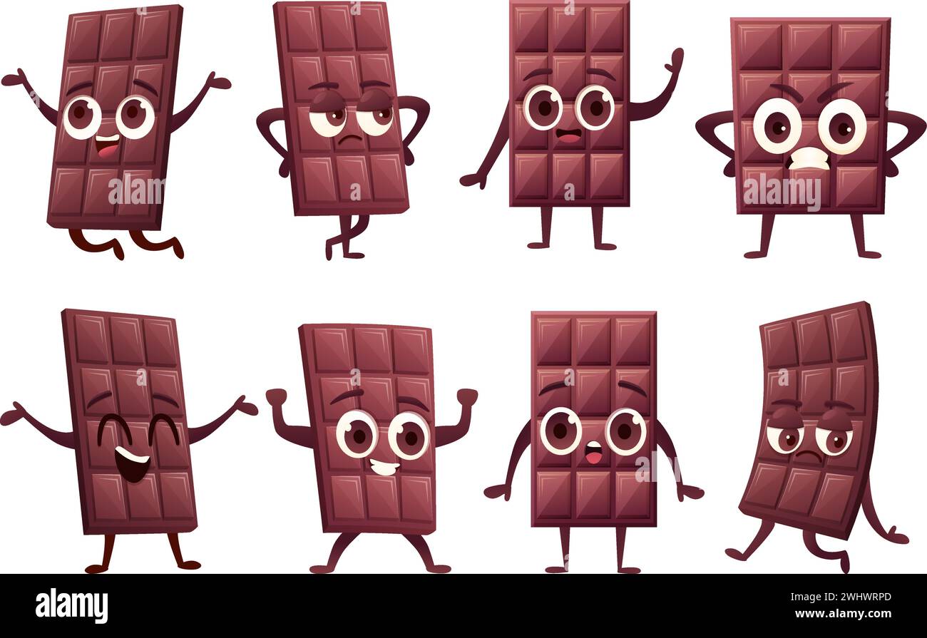 Caractère chocolat. Barre de cacao drôle dans différentes poses avec diverses émotions. Mascotte isolée d'enfants choco, élément vecteur positif de nos jours de bande dessinée Illustration de Vecteur