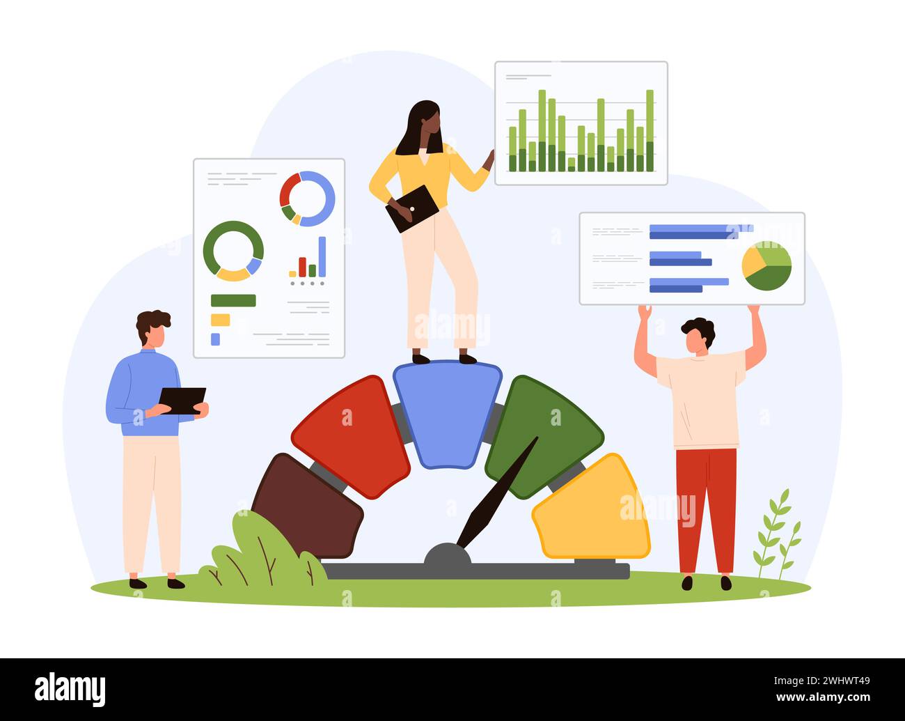Processus d'analyse comparative pour identifier la qualité et le succès stratégique du produit. De minuscules personnes comparent les résultats avec des outils cloud et un indicateur pour l'illustration vectorielle de dessin animé d'analyse de tableau de bord de référence Illustration de Vecteur