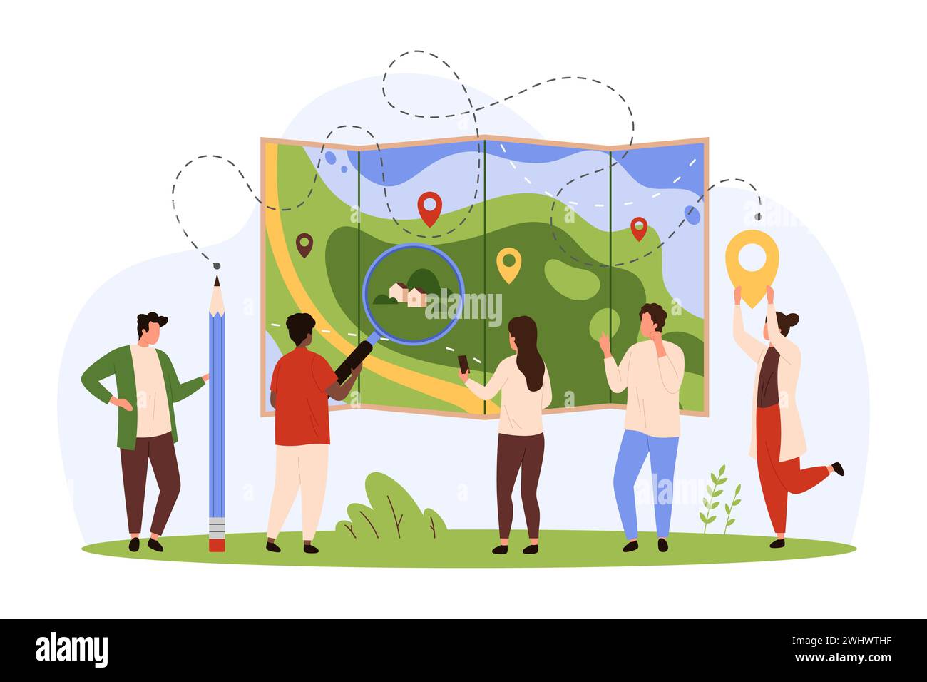 Navigation GPS, guide application mobile pour la recherche de localisation de voyage. De minuscules personnes avec la loupe trouvent la cible de maison sur la carte de papier, direction de point à placer avec des pins géo illustration vectorielle de dessin animé Illustration de Vecteur
