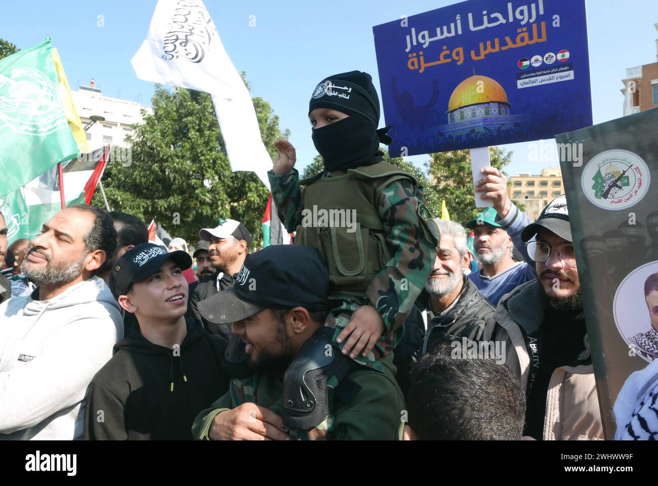 Beyrouth, Liban. 11 février 2024. Une photo d'une manifestation pro-palestinienne à Beyrouth, Liban, le 11 février 2024. (Photo par Elisa Gestri/Sipa USA) crédit : Sipa USA/Alamy Live News Banque D'Images