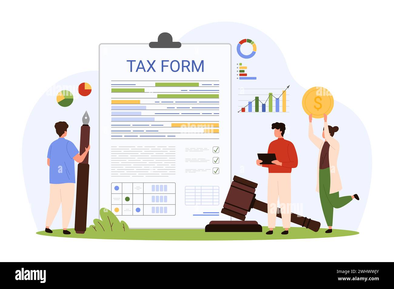 Paiement des taxes. Les gens minuscules travaillent avec le document papier de formulaire fiscal et les graphiques financiers, les rapports de données du compte bancaire, les experts comptables vérifient le relevé électronique avec l'illustration vectorielle de dessin animé de stylo Illustration de Vecteur