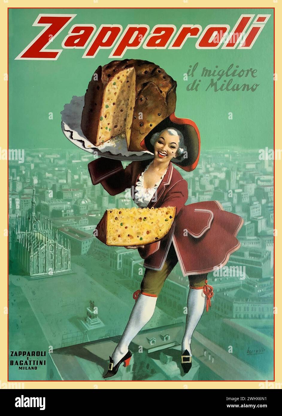 Affiche de gâteau italien vintage années 1930 'ZAPPOROLI' 'le meilleur de Milan' Milan Italie. Avec une dame en manteau et chapeau du 17ème siècle présentant ce gâteau traditionnel de Zapporoli et Bagattini avec la ville de Milan illustré derrière Milan Milan ITALIE Banque D'Images