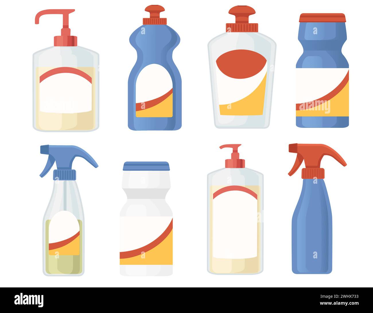 Ensemble de produits chimiques ménagers dans des bouteilles en plastique avec illustration vectorielle de pompe isolé sur fond blanc Illustration de Vecteur