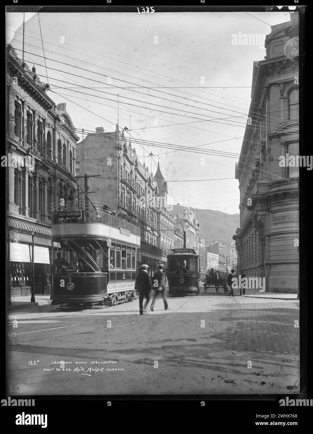 Lambton Quay, Wellington. Avec tramways en itinérance dans la rue. 1905. Scène photographique de rue vintage de Nouvelle-Zélande, début des années 1900 Banque D'Images