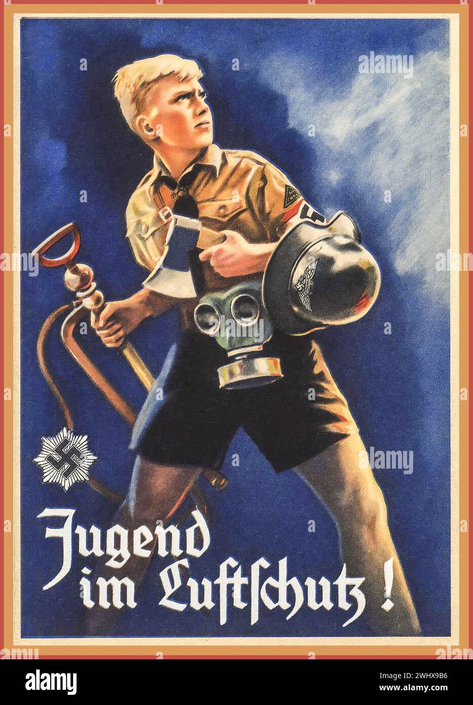 WW2 Hitler Youth Propaganda Poster des années 1940 'YOUTH IN AIR RAID PROTECTION' mettant en vedette un jeune Hitlerjugend en uniforme avec casque luftschutz, pompe à étrier à eau, hache, casque et masque à gaz. Allemagne nazie. Seconde Guerre mondiale seconde Guerre mondiale Banque D'Images