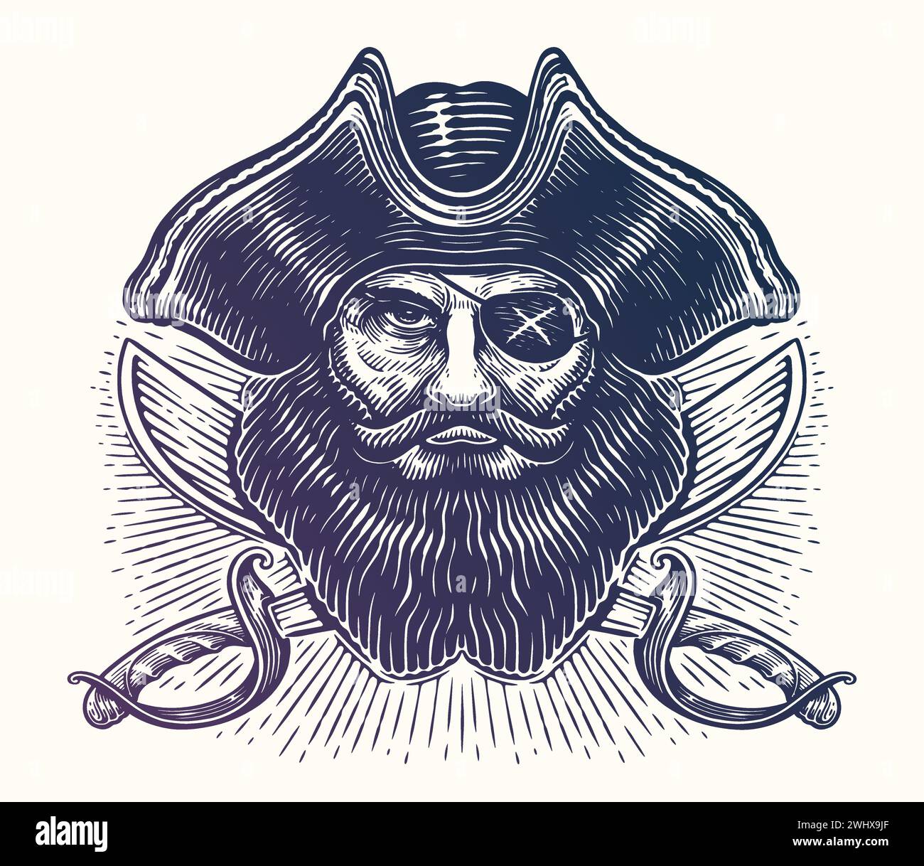 Pirate tête sur des sabres croisés. Black Mark, Corsair, Jolly Roger. Style de gravure d'esquisse d'illustration vectorielle Illustration de Vecteur