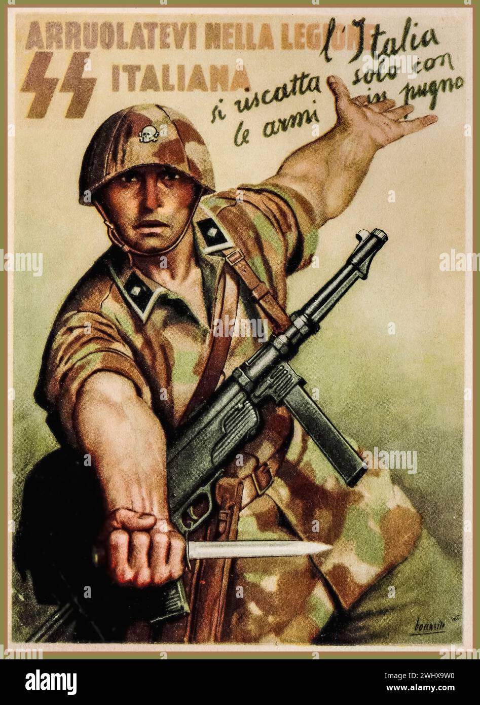 WW2 années 1940 Italie Nazi SS recrutement affiche de propagande pour l'AXE nazi Légion italienne. "L'Italie ne se rachètera qu'avec des armes en main" Italie Axis partenaire avec l'Allemagne nazie. Seconde Guerre mondiale seconde Guerre mondiale Banque D'Images