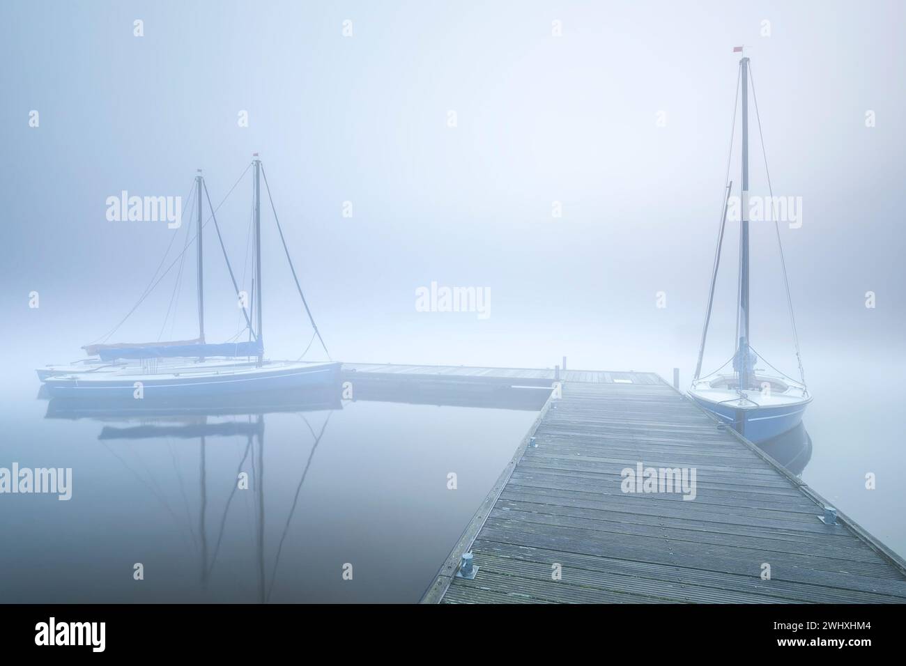Yachts à l'embarcadère dans un brouillard profond Banque D'Images