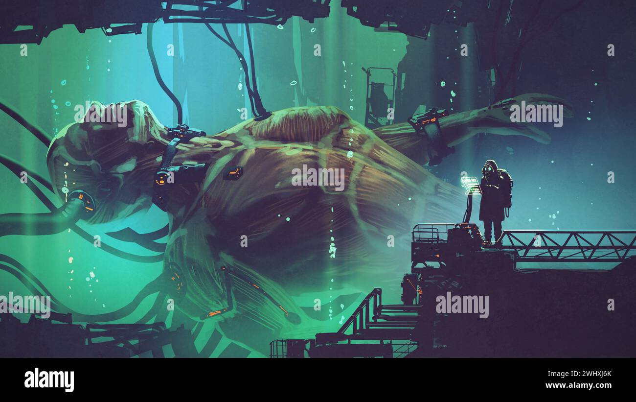humain géant dans un réservoir d'eau futuriste, style art numérique, peinture d'illustration Banque D'Images