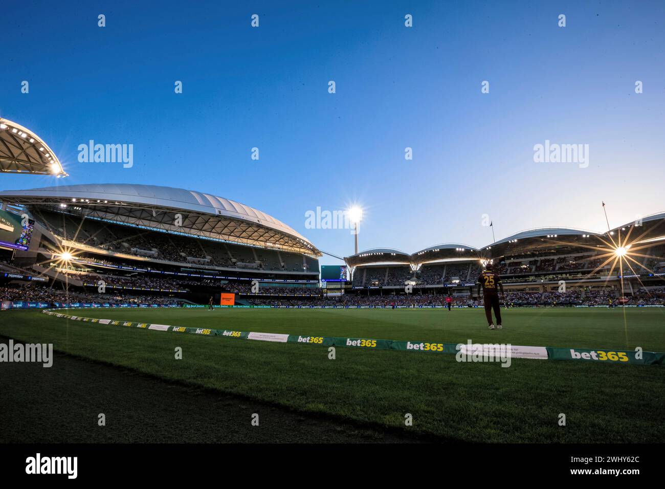 ADELAIDE, AUSTRALIA - FEBRUARY 11: Sun sets during the second match of the T20 International Series between Australia and West Indies at the Adelaide Oval on February 11, 2024 in Adelaide, Australia. (Photo by Santanu Banik/Speed Media/Icon Sportswire) (Icon Sportswire via AP Images) Banque D'Images