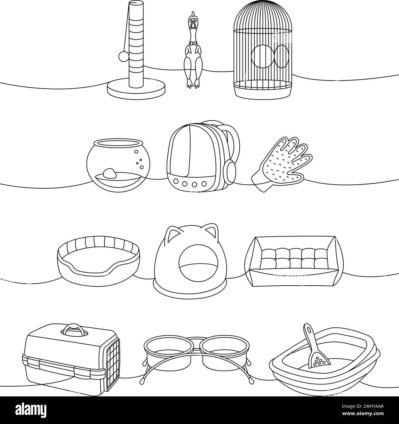 Collecte de fournitures pour animaux. Médaille, ciseaux, coupe-ongles, brosse, décapant de fourrure, aquarium, porte-sac à dos, gant épilateur, bol d'eau portable Illustration de Vecteur