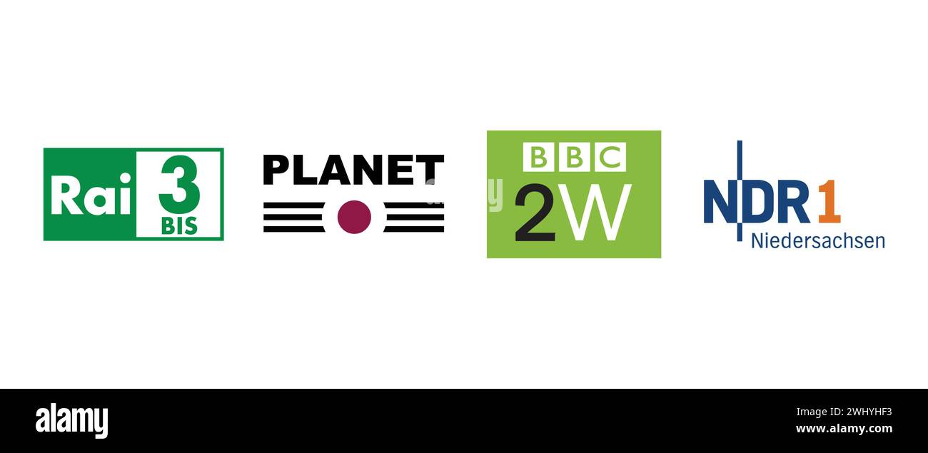 BBC 2W, Planet, Rai 3 bis, NDR 1 Niedersachsen. Illustration vectorielle, logo éditorial. Illustration de Vecteur