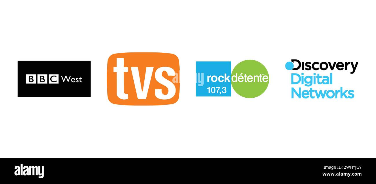 Discovery Digital Networks , 107,3 Rock détente, BBC Region West, TVS. Illustration vectorielle, logo éditorial. Illustration de Vecteur