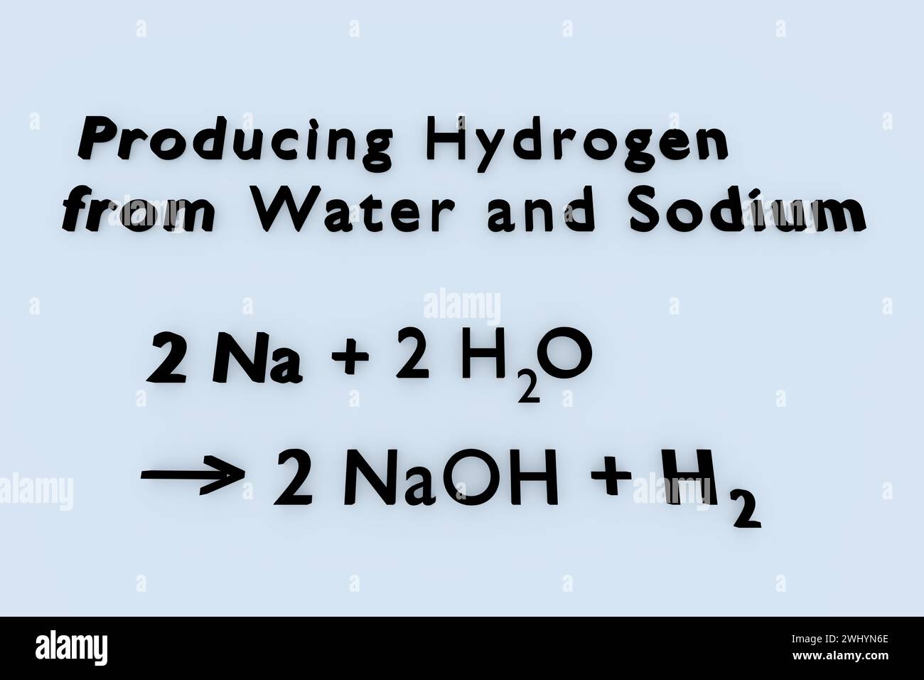 Illustration 3D d'une formule chimique descrantant la production d'hydrogène à partir de l'eau et du sodium Banque D'Images