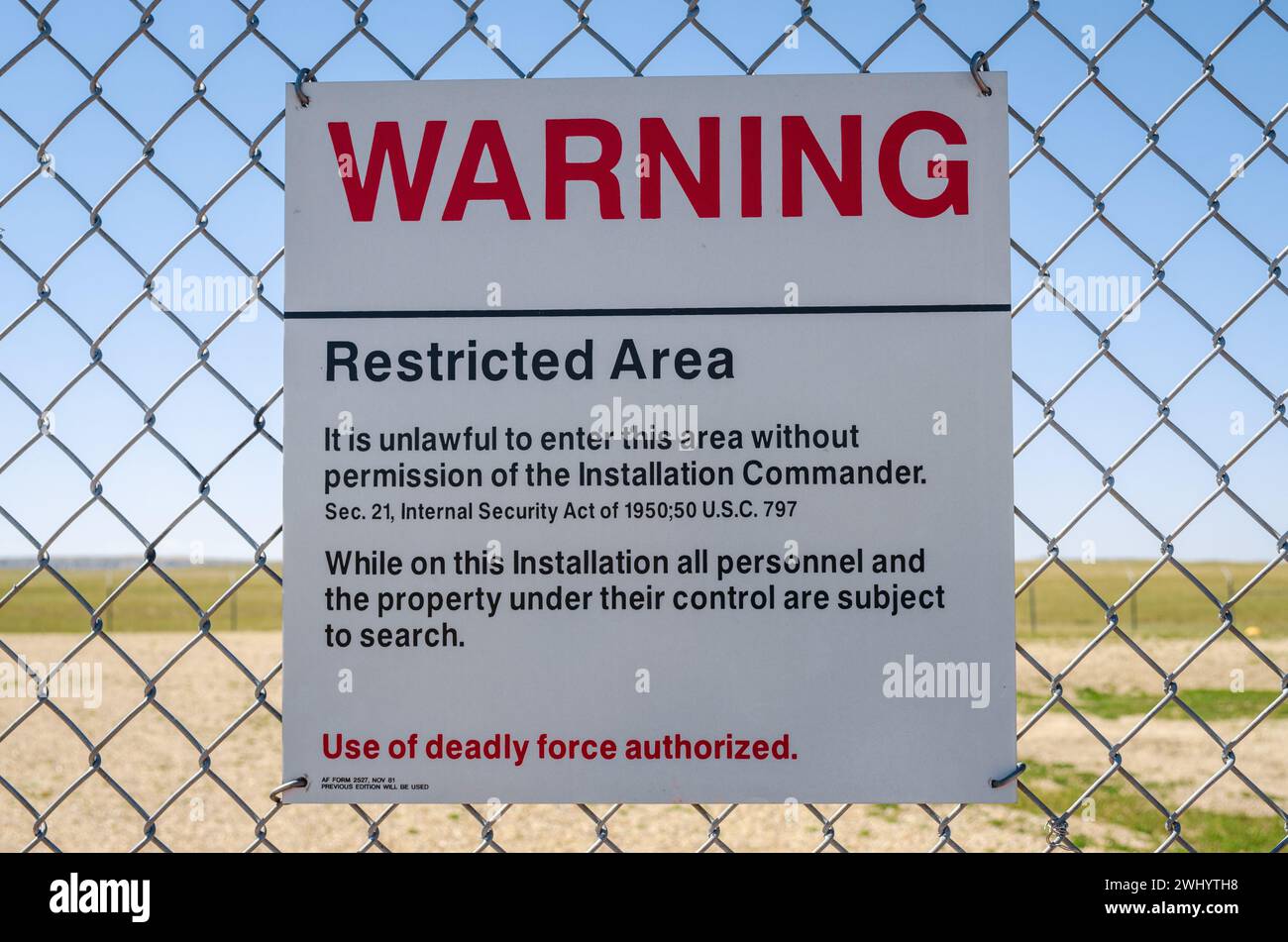 Panneau d'avertissement au centre d'accueil du site historique national des missiles de Minuteman dans le Dakota du Sud, États-Unis Banque D'Images