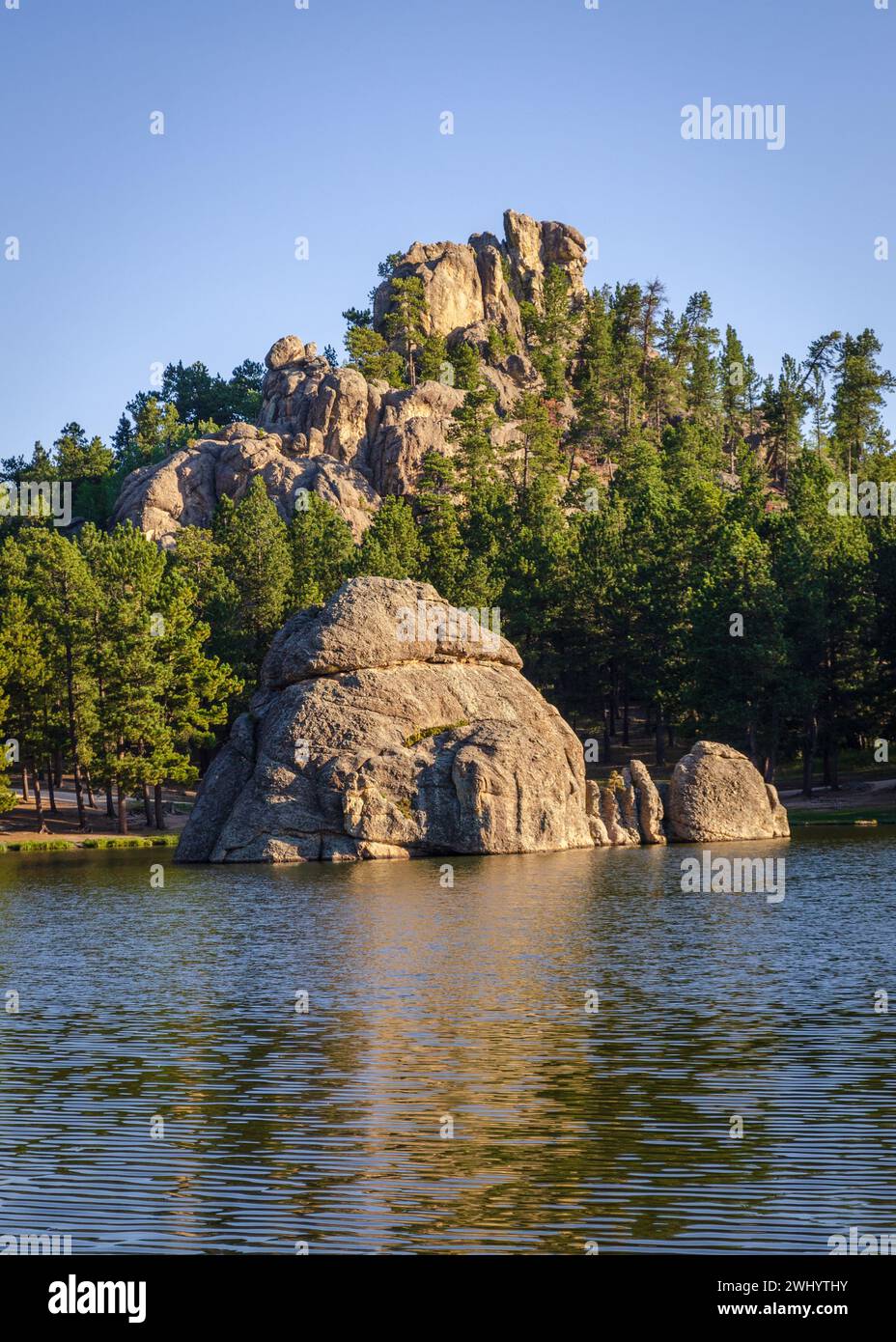 Un gros rocher de granit arrondi se dresse au bord de l'eau en dessous d'une affleurement recouvert de pins, vu à travers le lac Sylvan dans le parc d'État de Custer, dans le Dakota du Sud. Banque D'Images