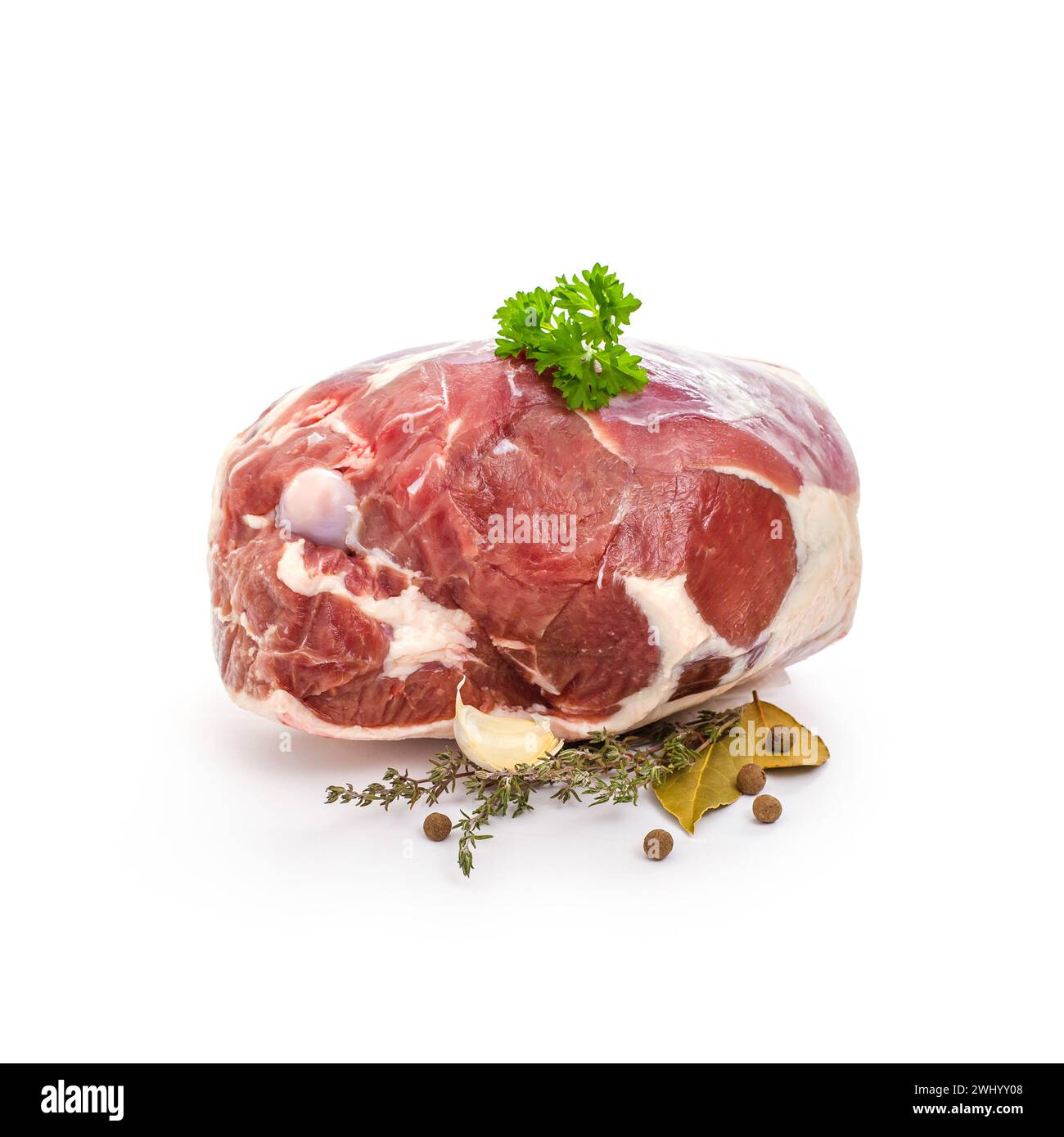 Cuisse d'agneau crue avec os, épices sur blanc Banque D'Images
