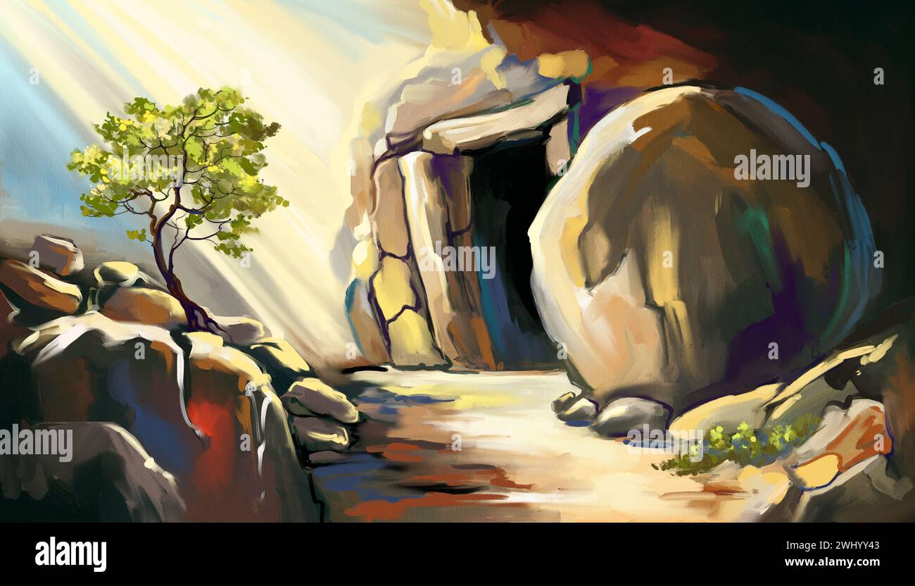 Pâques Jésus Christ est passé des morts. Dimanche matin. Aube. Le tombeau vide à l'arrière-plan de la crucifixion. Joyeuses pâques. Symbole chrétien de f Banque D'Images