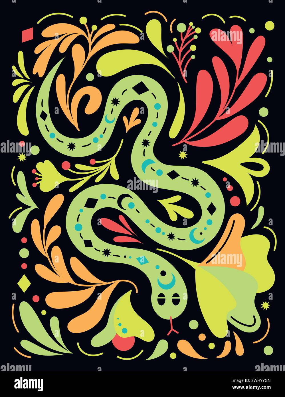 Illustration de serpent mystique dans le style boho dessiné à la main avec des éléments floraux. Fantaisie concept créature mythique, éléments ésotériques. Parfait pour tarot c Illustration de Vecteur